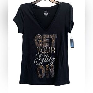 Express NEW Black  Sequin/Rhinestones V-Neck Women's Top Medium